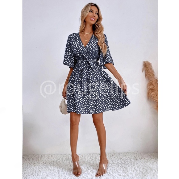 Navy Blue All Over Print Dress White Dalmatian, Spotted Faux Wrap, Tie Belt - Picture 2 of 8